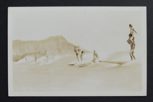 Vintage Surfing  Waikiki Theme B/W Photo Postcard