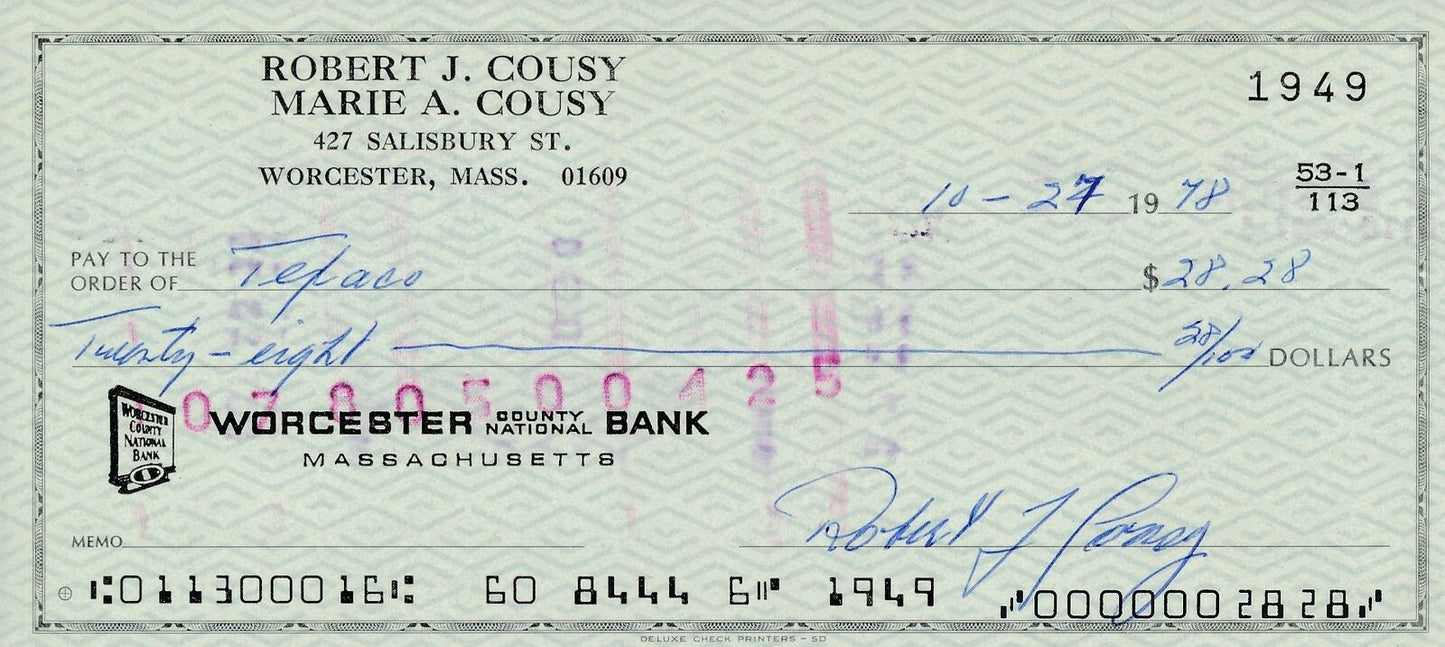 Bob Cousy HOF Boston Celtics Signed/Autographed 1978 Bank Check JSA 165563