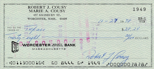 Bob Cousy HOF Boston Celtics Signed/Autographed 1978 Bank Check JSA 165563