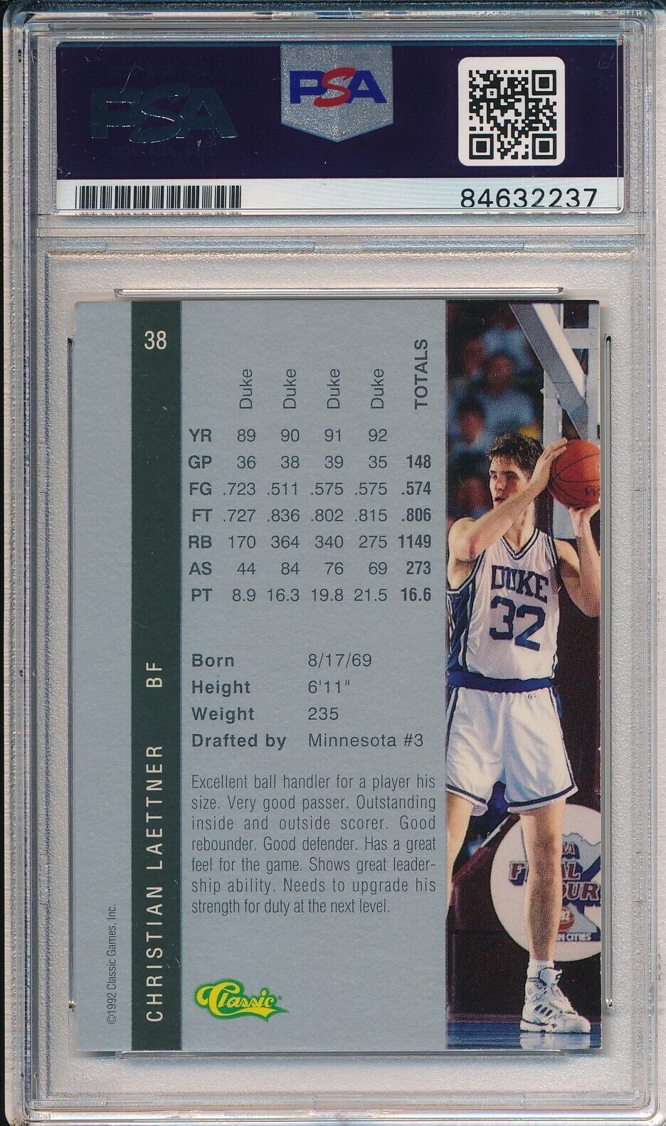 1992 Classic Four Draft Pick Christian Laettner #38 Card Signed Duke PSA/DNA