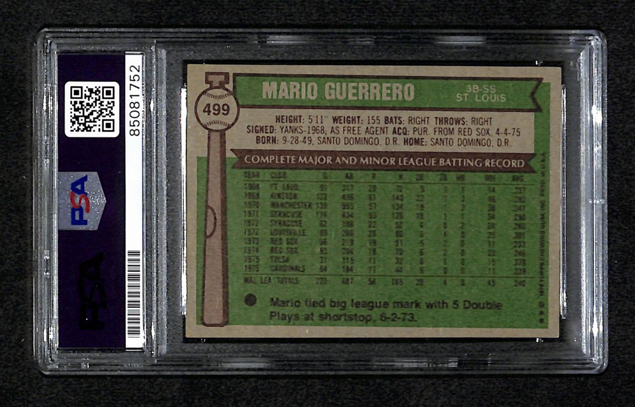 Mario Guerrero Signed 1976 Topps Card #499 St. Louis Cardinals PSA/DNA 184572