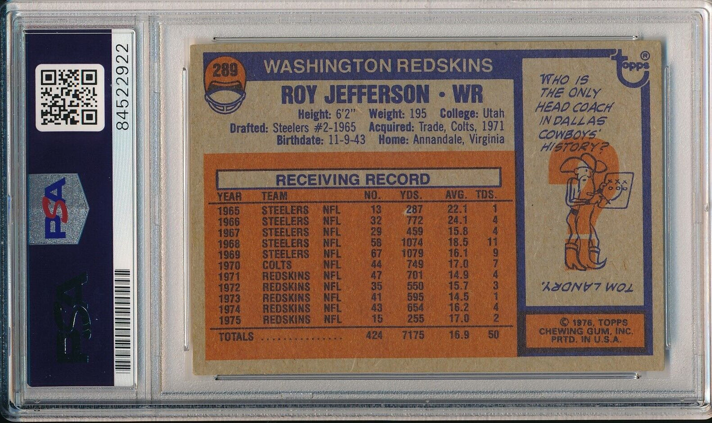 Roy Jefferson Redskins Signed/Autographed 1976 TOPPS Card #289 PSA/DNA 166256
