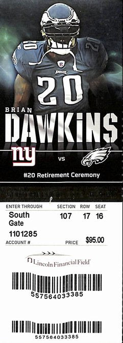 2012 Brian Dawkins HOF Retirement Ceremony Eagles vs. Giants Full Ticket 187848