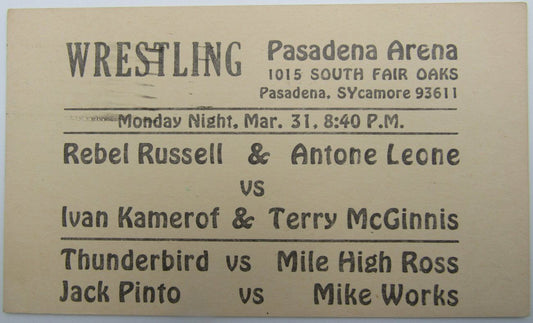 1947 Wrestling Matches at Pasadena Arena, California Advertising Postcard