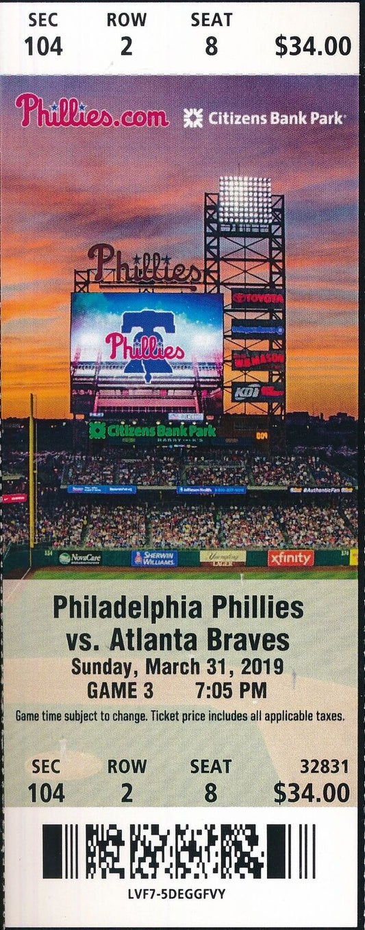 Bryce Harper March 31, 2019 2nd Home Run Philadelphia Phillies Full Ticket 79449