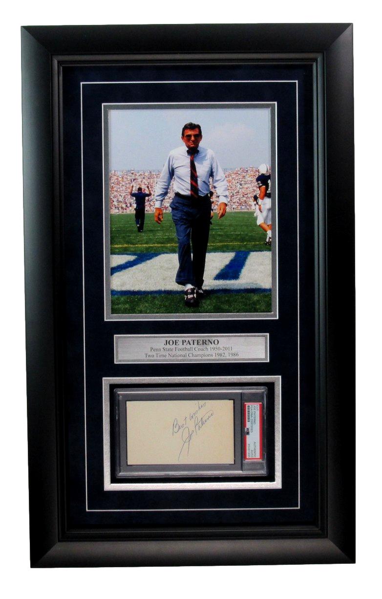 Joe Paterno Signed/Inscribed Cut Card w/ Photo Penn State Framed PSA/DNA 187185