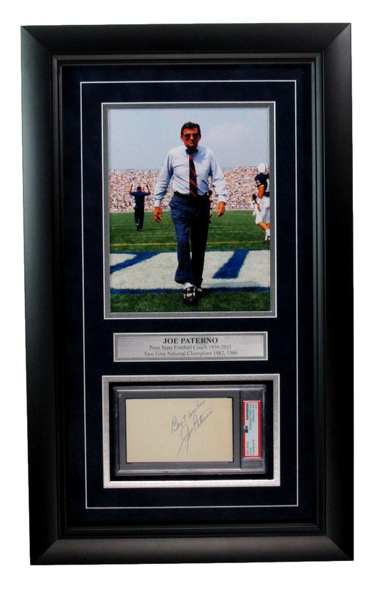 Joe Paterno Signed/Inscribed Cut Card w/ Photo Penn State Framed PSA/DNA 187185