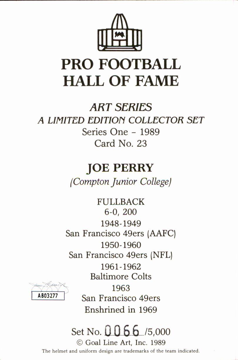 Joe Perry HOF 49ers Signed/Inscribed Goal Line Art GLAC Postcard JSA 167167