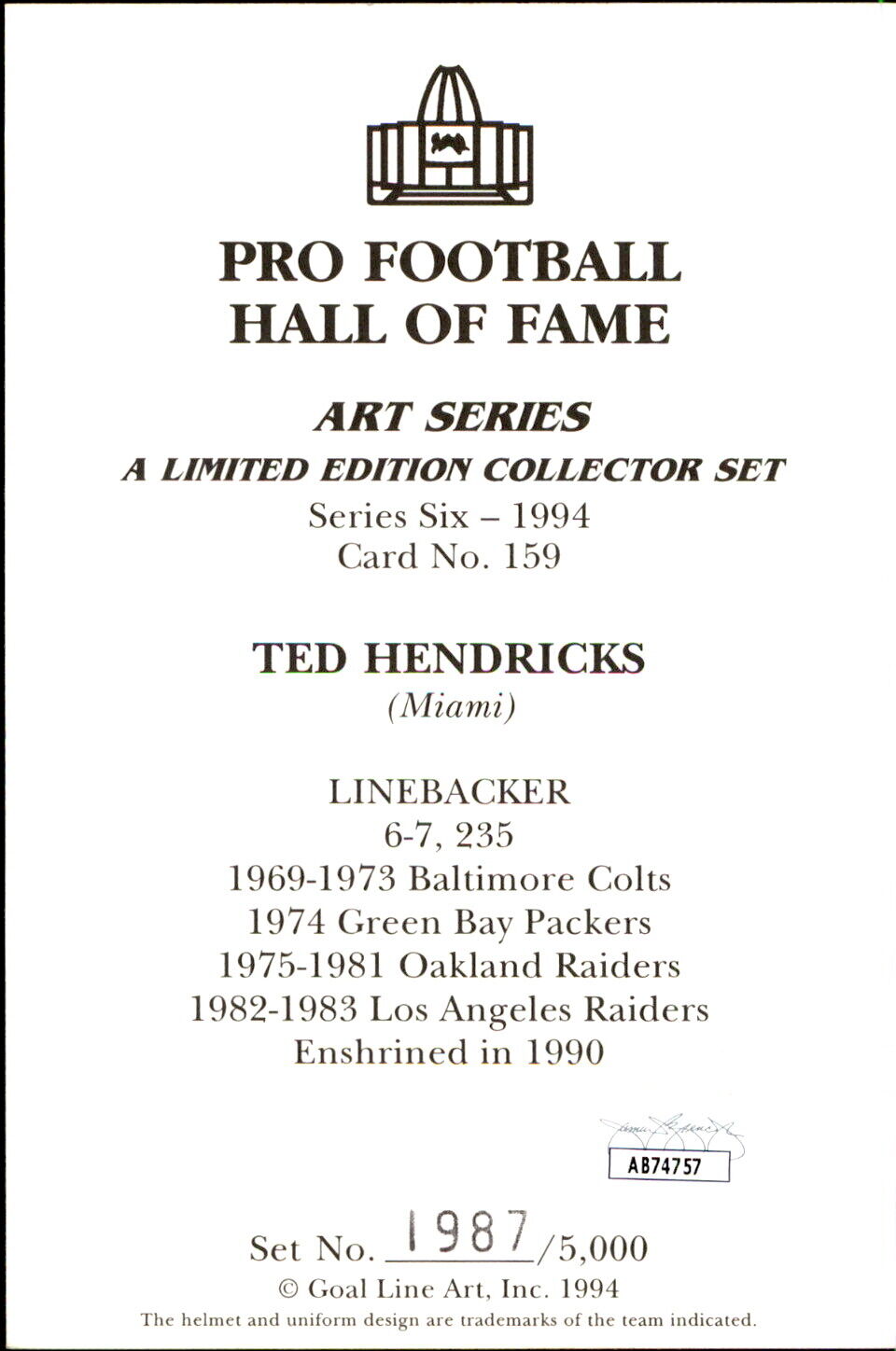 Ted Hendricks HOF Autographed/Inscribed Goal Line Art GLAC Postcard Raiders JSA