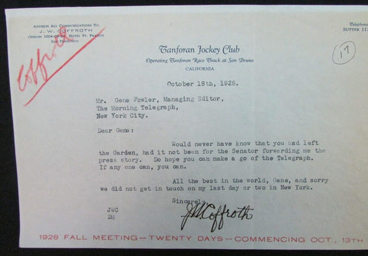 James W. Coffroth d.1943 Boxing HOF Promoter Signed 1928 Letter RARE 157072