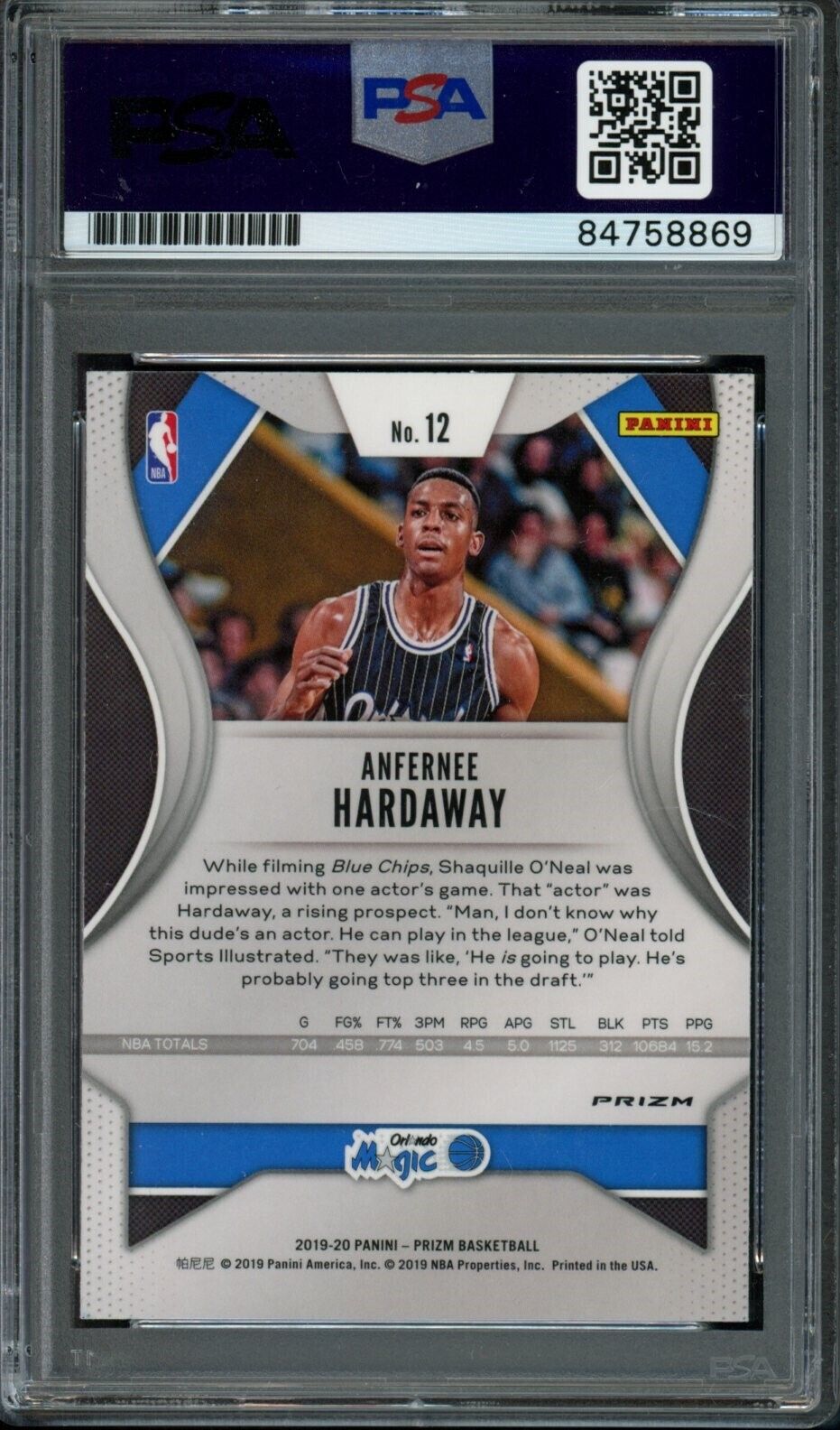 2019-20 Panini Prizm Anfernee Hardaway #12 Card Signed Magic PSA/DNA 176118