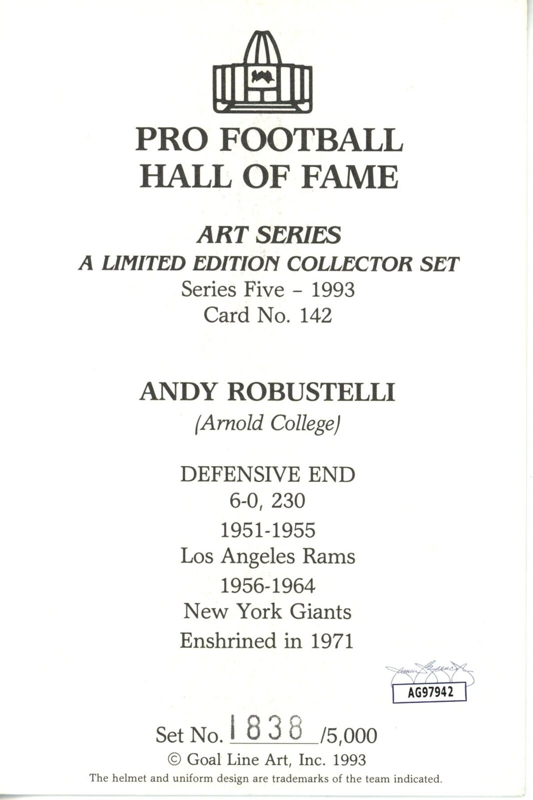 Andy Robustelli HOF Autographed Goal Line Art GLAC Postcard Giants JSA