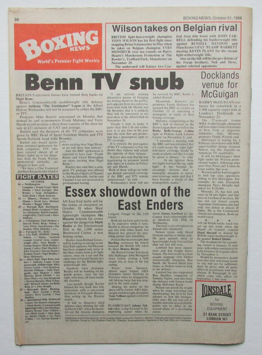 October 21, 1988 Boxing News Magazine Nigel Benn Middleweight Champion