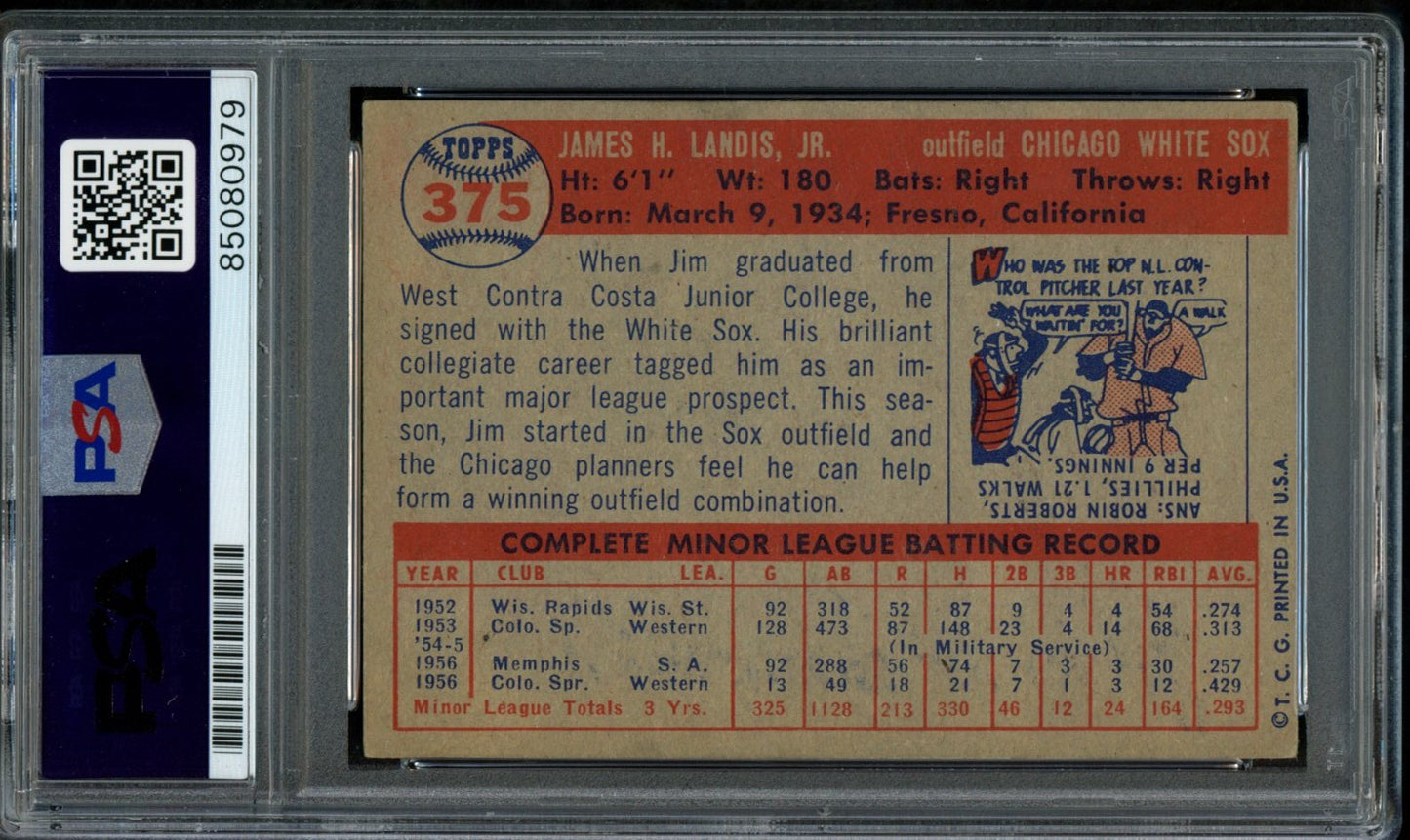 1957 TOPPS Jim Landis #375 Auth Card Signed Chicago White Sox PSA/DNA 184088