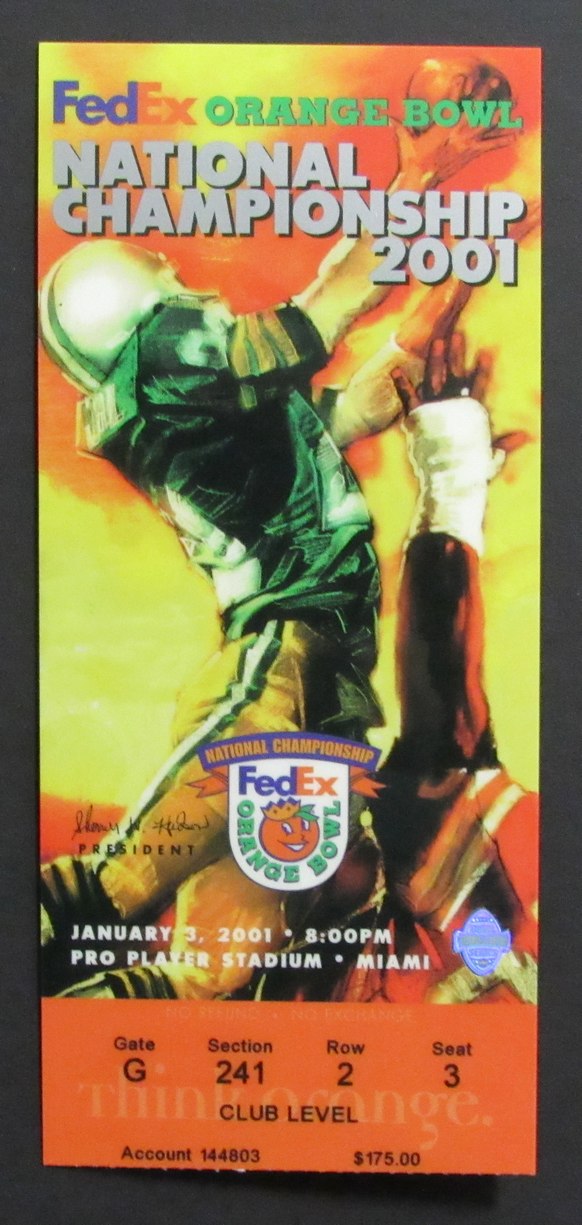 2001 Orange Bowl National Championship Ticket Stub Oklahoma vs. Florida State