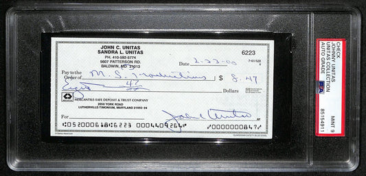 Johnny Unitas HOF Signed/Autographed 2000 Bank Check Colts PSA/DNA MINT 9 189576