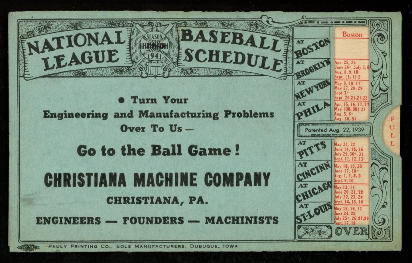 MLB 1941 National/American Baseball Leagues 3x5 Slide Pocket Schedule