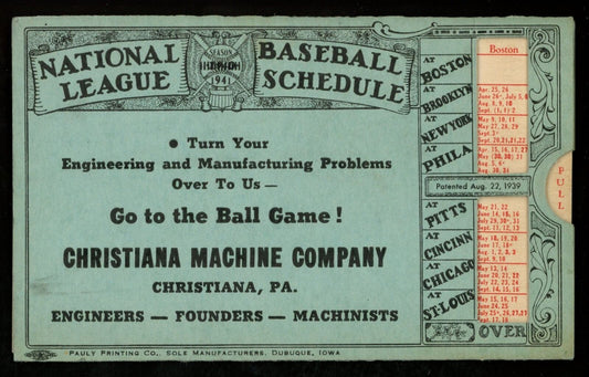 MLB 1941 National/American Baseball Leagues 3x5 Slide Pocket Schedule