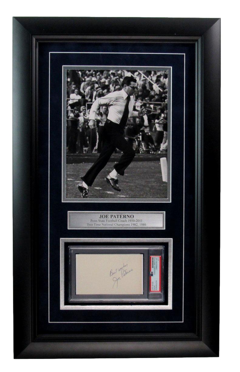 Joe Paterno Signed/Inscr Cut Card w/ Photo Penn State Framed PSA/DNA 187180