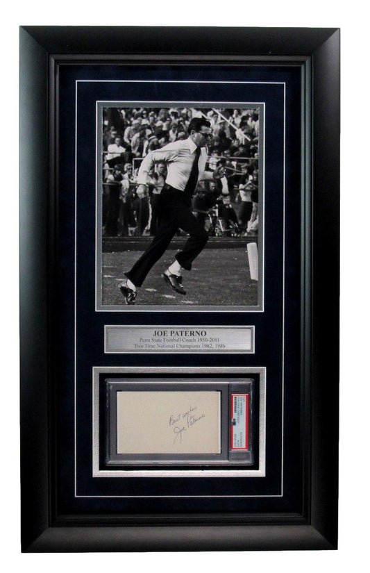 Joe Paterno Signed/Inscr Cut Card w/ Photo Penn State Framed PSA/DNA 187180