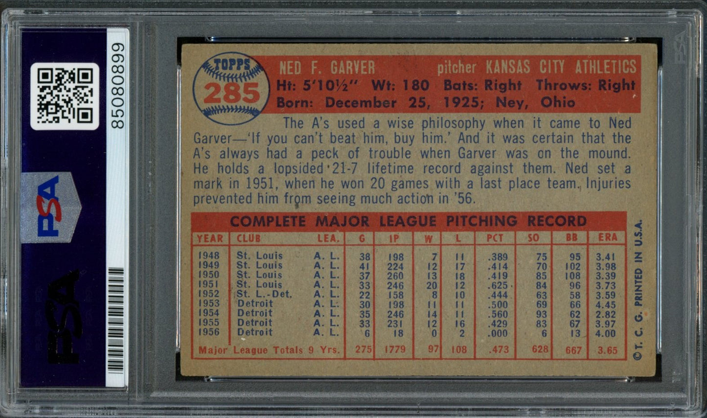 1957 TOPPS Ned Garver #285 Auth Card Signed Kansas City A's PSA/DNA 184128