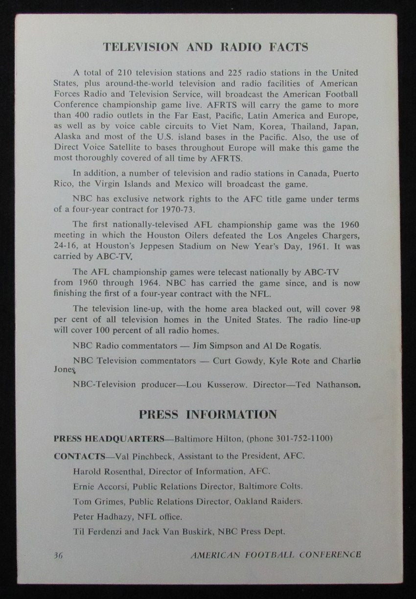 1970 NFL AFC Championship Game Media/Press Guide Raiders vs. Colts 188817