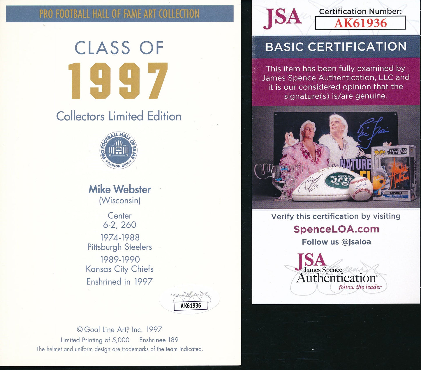 Mike Webster HOF Signed/Inscribed GLAC Goal Line Art Card Steelers JSA 192425