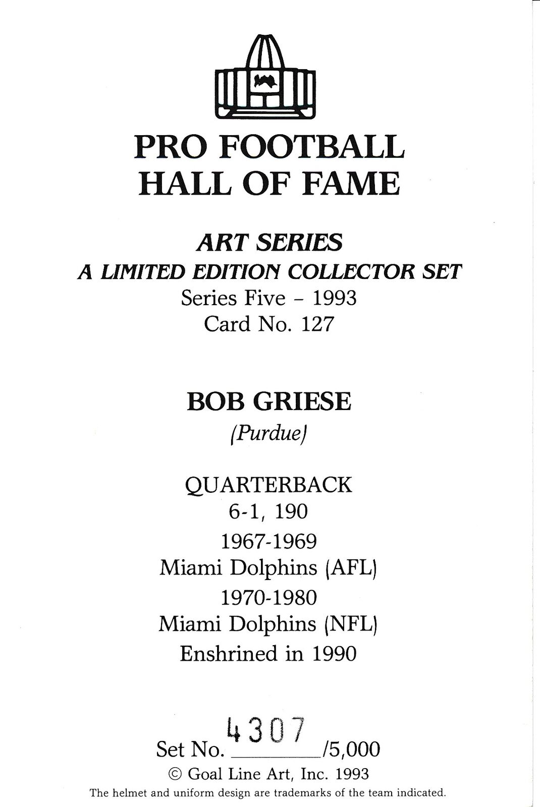 Bob Griese HOF Dolphins Signed/Autographed Goal Line Art GLAC Postcard 163821