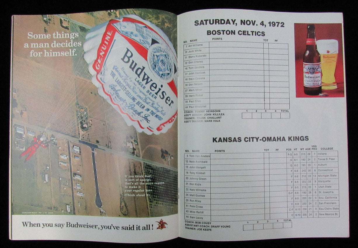 Nov. 4, 1972 Basketball Game Program Boston Celtics vs. KC-Omaha Kings 189170