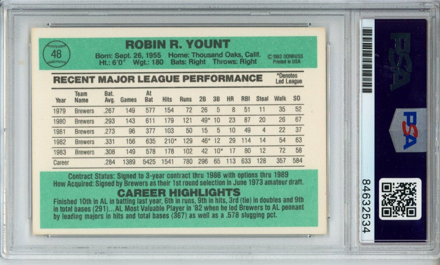 1984 Donruss Robin Yount HOF #48 Card Signed Brewers PSA/DNA GEM MINT 10