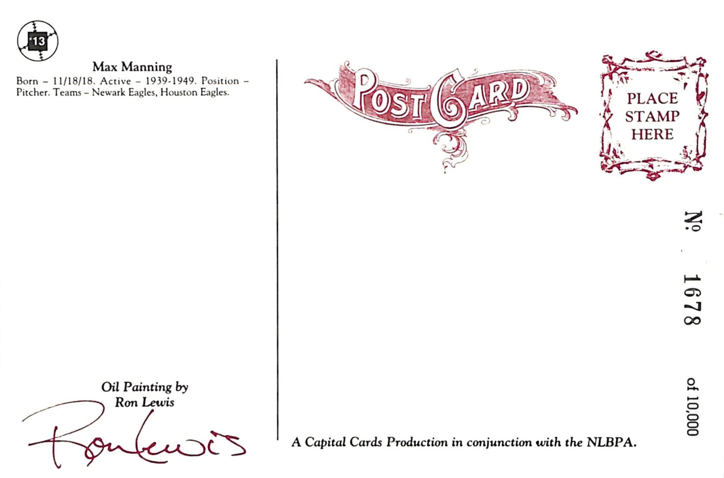 Max Manning Signed Negro League - Newark Eagles Ron Lewis Post Card 181244