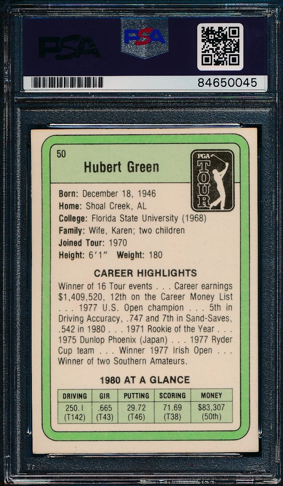 1981 DONRUSS PGA Hubert Green #50 Authentic Card Signed PSA/DNA 176046