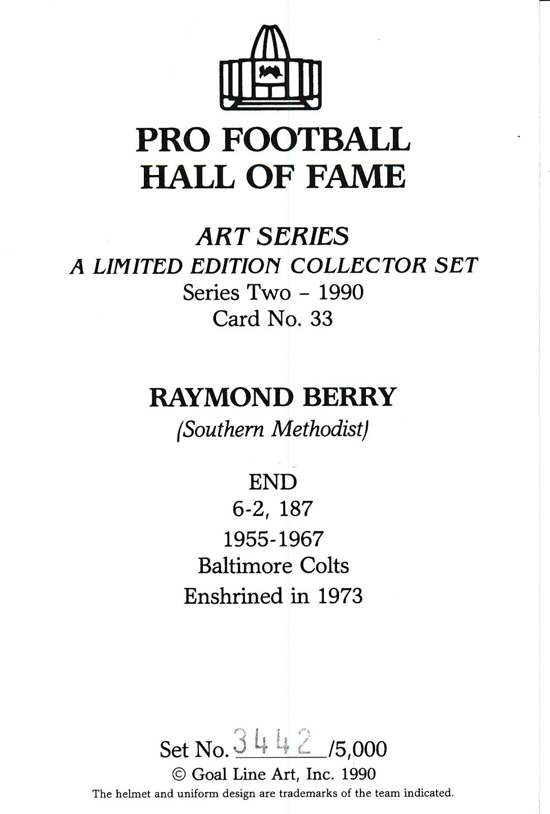 Raymond Berry HOF Colts Signed/Inscribed Goal Line Art GLAC Postcard 163830