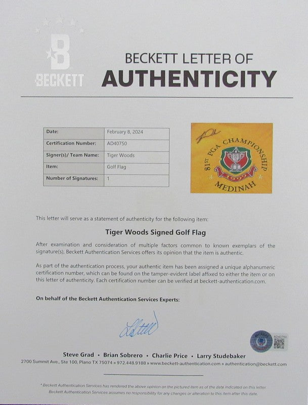 Tiger Woods Autographed Official Pin Flag 1999 PGA Champ Beckett Full LOA188052