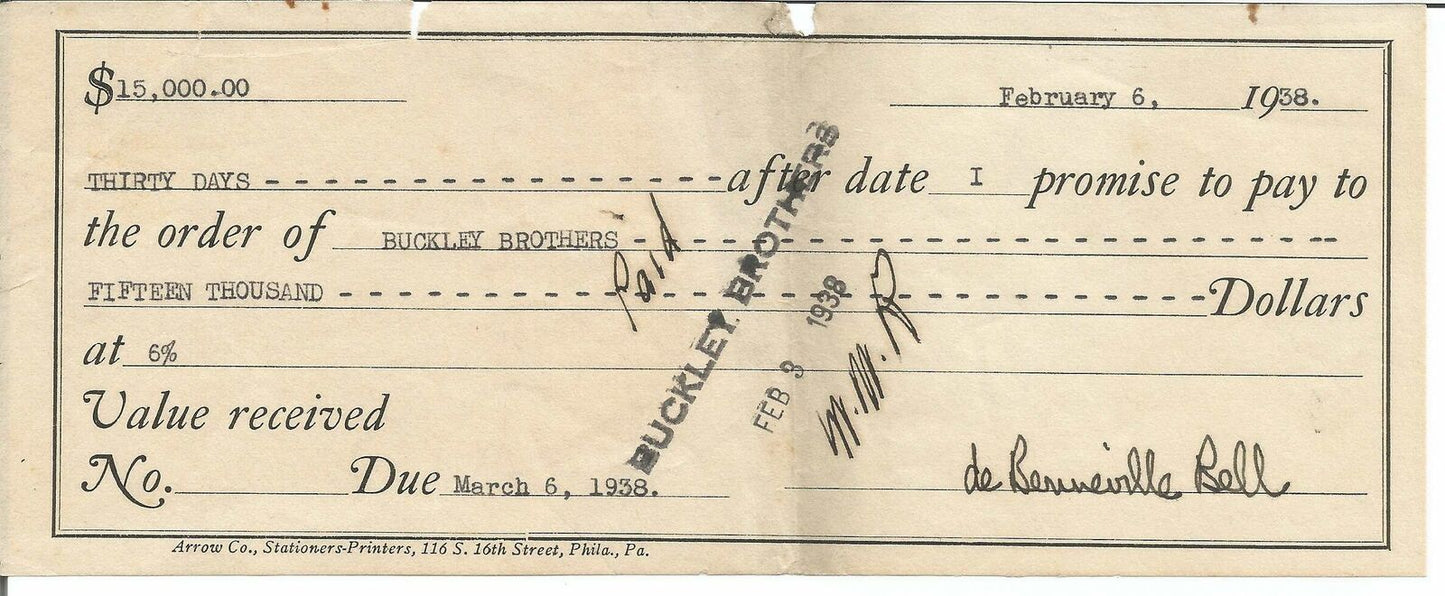 Bert Bell Signed/Autographed Philadelphia Eagles 1938 Bank Check 150301