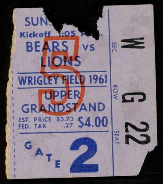 1961 Chicago Bears vs. Detroit Lions Football Game Ticket Stub at Wrigley Field