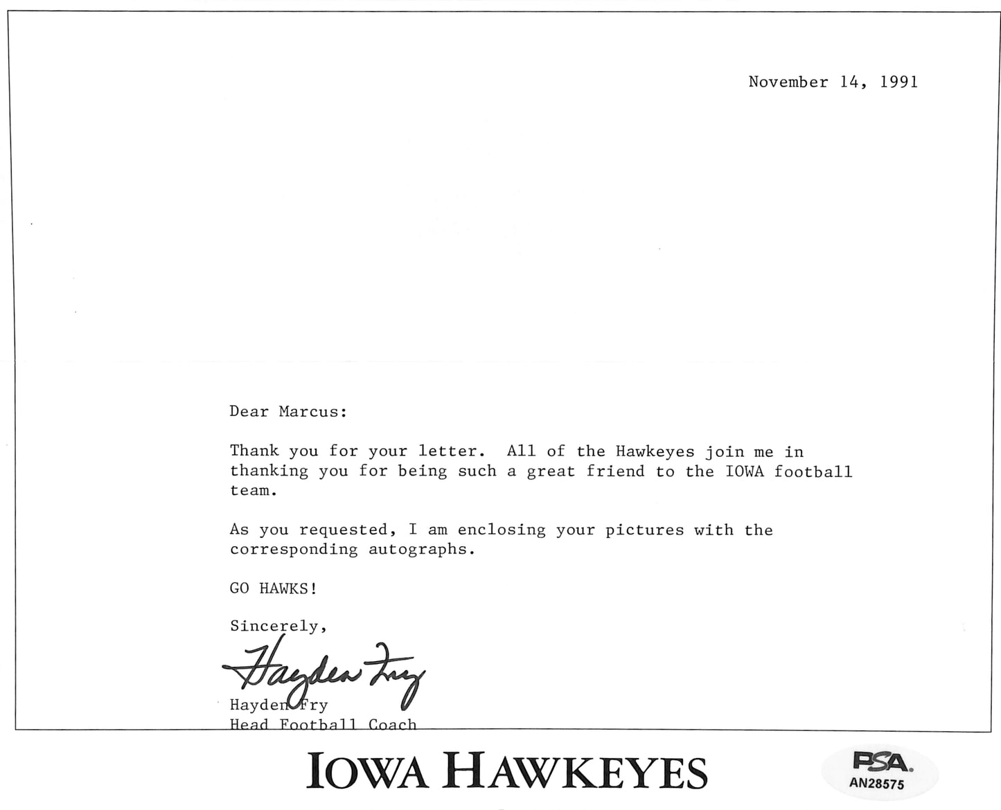 Hayden Fry Football Coach Signed TLS Letter University of Iowa PSA/DNA 185276