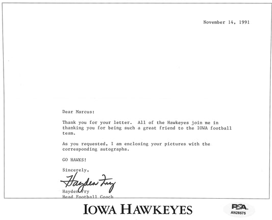 Hayden Fry Football Coach Signed TLS Letter University of Iowa PSA/DNA 185276