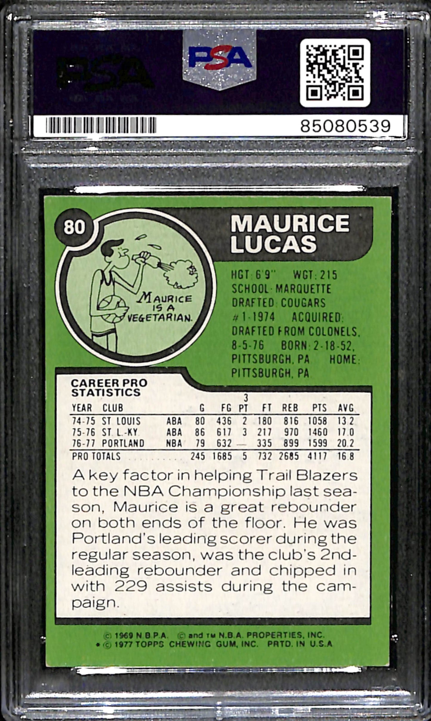 Maurice Lucas Signed 1977 Topps Card #80 Portland Trail Blazers PSA/DNA 185707