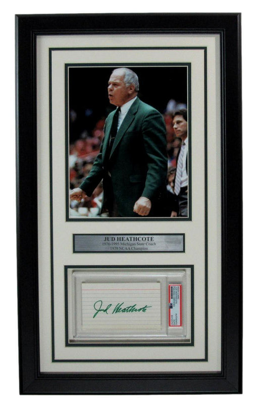 Jud Heathcote Autographed 3x5 Index Card w/ Photo Michigan State Framed PSA/DNA